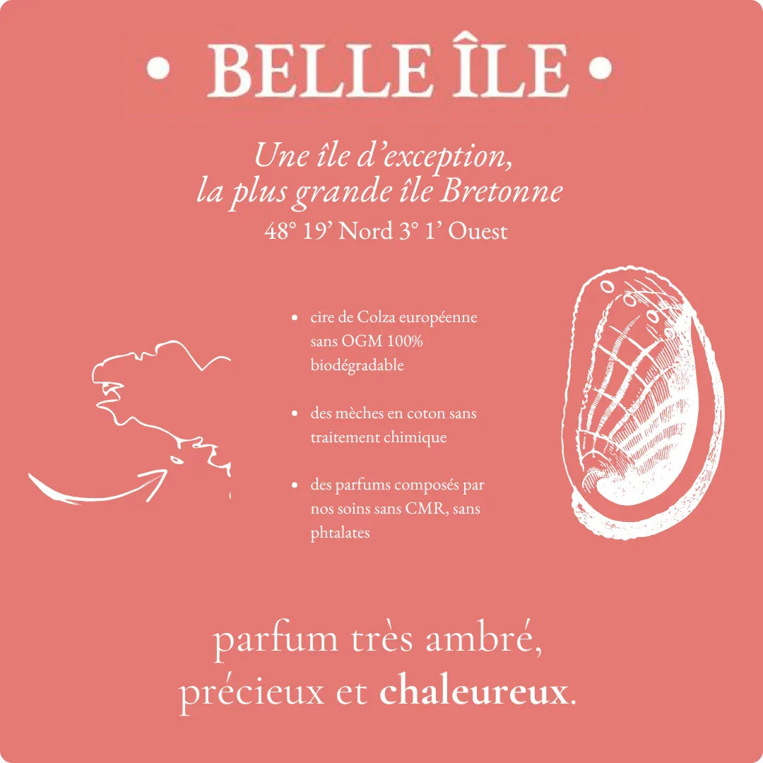 Informations sur la composition de la bougie Belle-île et son parfum très ambré, précieux et chaleureux