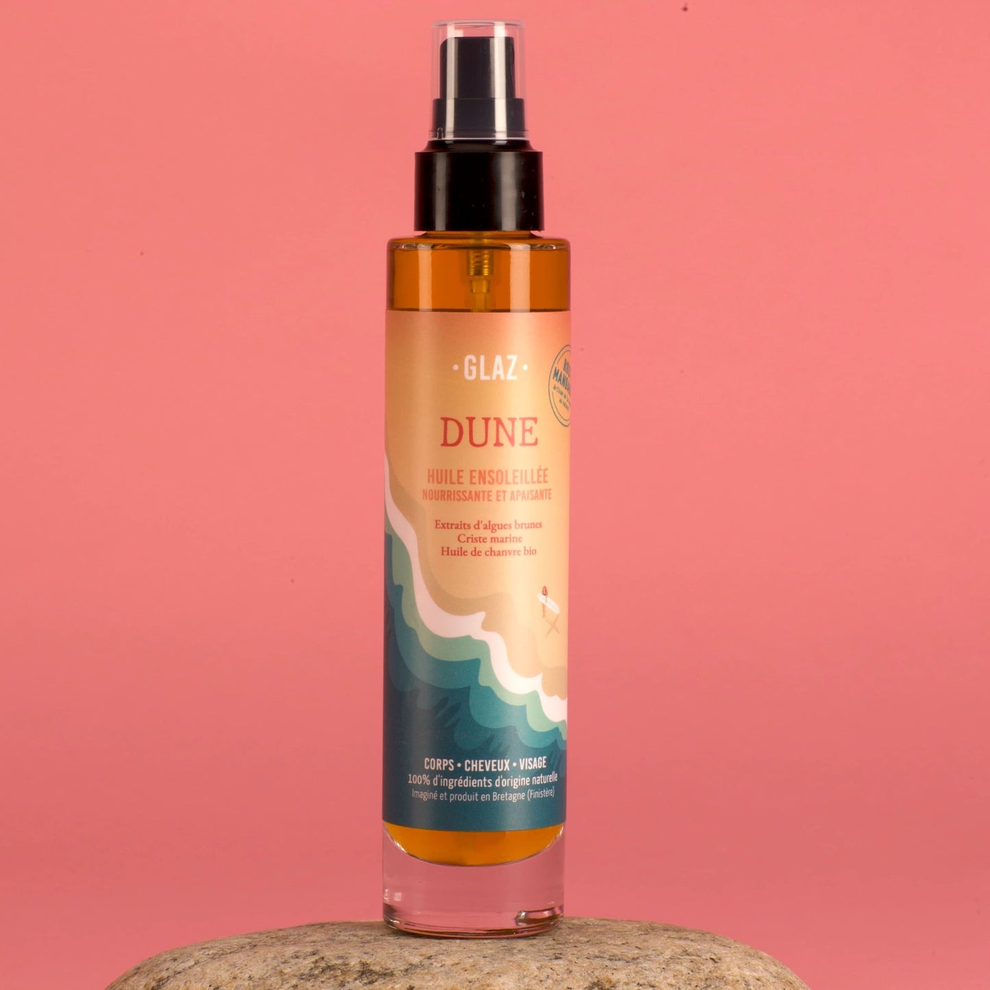 Huile sèche corps et cheveux imaginée et produite en Bretagne. Aux ingrédients Bretons et marins pour nourrir, hydrater et apaiser la peau.