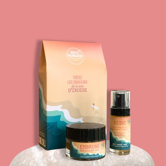 gommage et huile corps et cheveux format voyage dans une boite cadeau