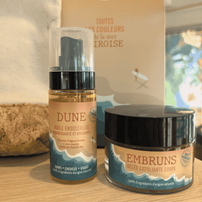 Photo de l'huile dune et du gommage écume en format voyage et découverte